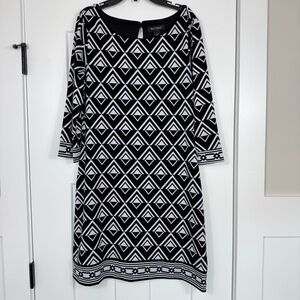 White House Black Market Geometric Print 3/4 Sleeve Dress Black White Sz Medium